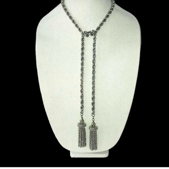 Vintage 1960s Monet Damita Necklace Lariat Rope Chain Tassel Silver Plated - Picture 10 of 11
